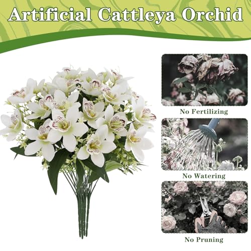 Coreland 12 Pcs Artificial Cattleya Flowers for Vase, Faux Silk White Flower Bouquets UV Resistant Fake Flowers for Indoor Home Decor, Floral Arrangement for Table Centerpiece Shelf Kitchen Bathroom - color: White - 12 Pcs