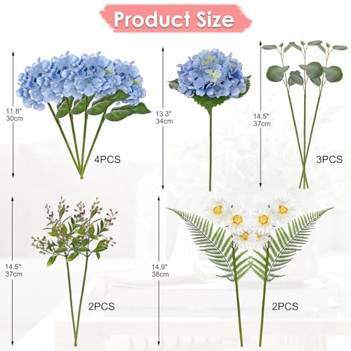 GnFlus Artificial Hydrangea Flower Stems 12PCS Blue Faux Hydrangea & Daisy Silk Flowers Realistic Fake Flowers for Vase Centerpiece Wedding Bridal Bouquet Party Home Decor - color: Hydrangea, Blue, size: 1 Pack