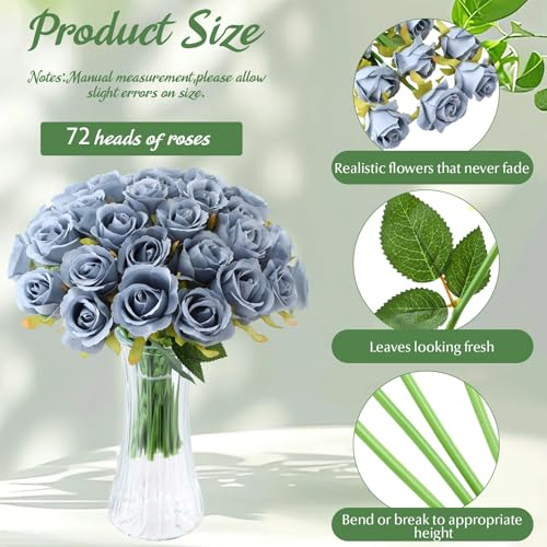 Hoteam 72 Heads Dusty Blue Artificial Rose Flowers 6 Bouquet Wedding Decoration Faux Flower Arrangement Bouquet with Stem Bridal Shower Gift Floral Centerpiece for Tables - color: Blue