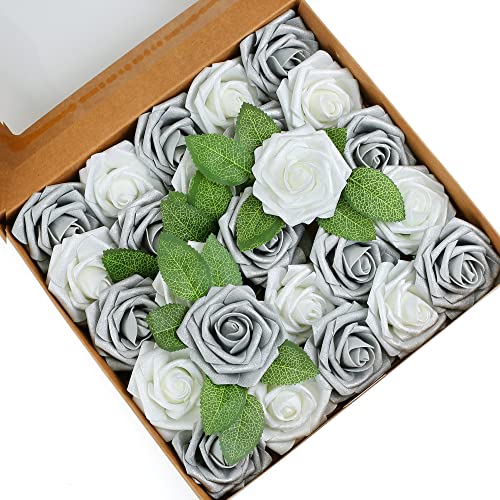Higfra Artificial Flowers 25pcs Real Looking Himmer Silver Grey Foam Fake Roses with Stems for DIY Wedding Bouquets White Bridal Shower Centerpieces Arrangements Mothers Day Party Tables Decorations - color: Himmer Silver Grey, size: 25Pcs