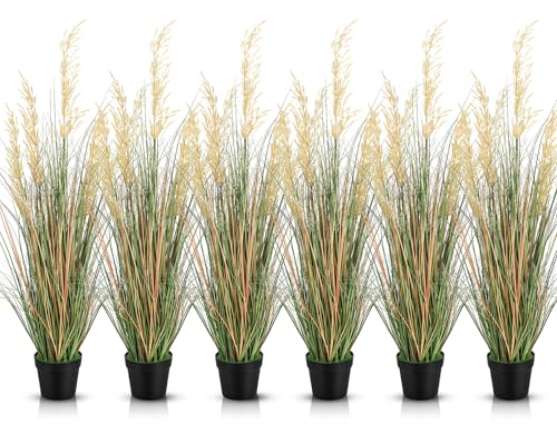 Jexine 6 Pcs Tall Artificial Grass Plant 4 ft Potted Artificial Greenery Floor Plants Faux Pampas Grass Tall in Pot for Housewarming Gift House Garden Bathroom Lobby Outdoor Decoration - size: 4 ft