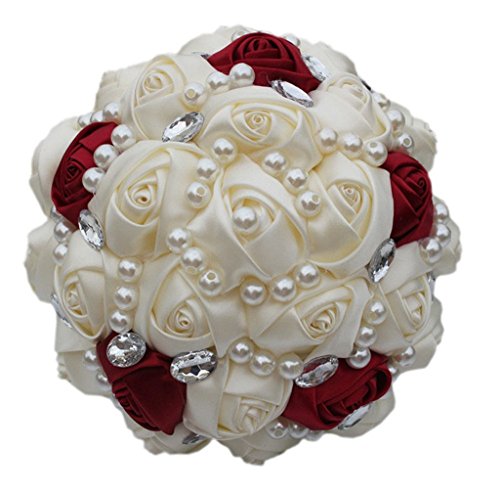 S_SSOY Customizable Romantic Wedding Bouquets Silk Flowers Bridal Holding Roses Bride Bridesmaid Bouquet with Pearl Crystal Ribbon Valentine's Day (Ivory+Wine Red) - color: Ivory+wine Red