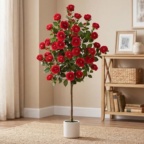 VIVATREES 5ft Artificial Camellia Tree, 60'' Tall Faux Camellia Plant with Red Flowers, UV Resistant Indoor Outdoor Fake Tree with White Planter Pot Included for Living Room Patio Decor