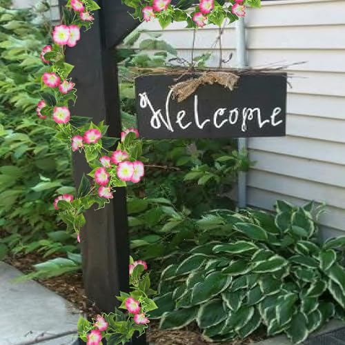 CISDUEO 2 Pcs Artificial Vines Silk Morning Glory Vines for Outdoor 15Feet Hanging Plants Garland Pink Fake Green Plant Morning Glories for Home Decor Wall Fence Stairway Wedding Hanging Baskets - color: Pink