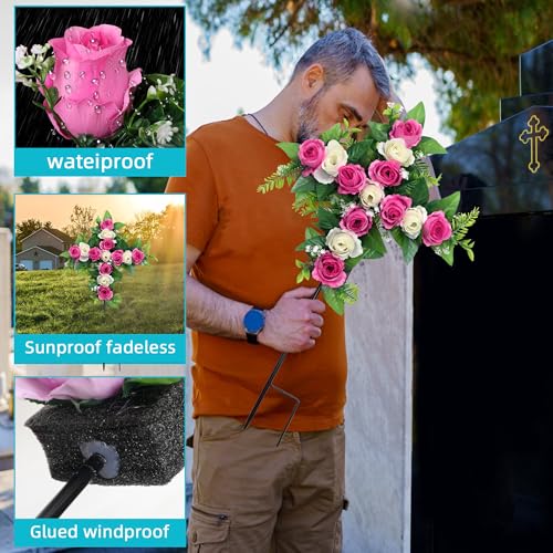 Artificial Cemetery Flowers,Set of 2 Faux Floral Cross,Artificial Rose Bouquet Decoration for Cemetery Headstones Gravesites,Silk Flowers for Long-Lasting Remembrance (Pink) - color: Pink
