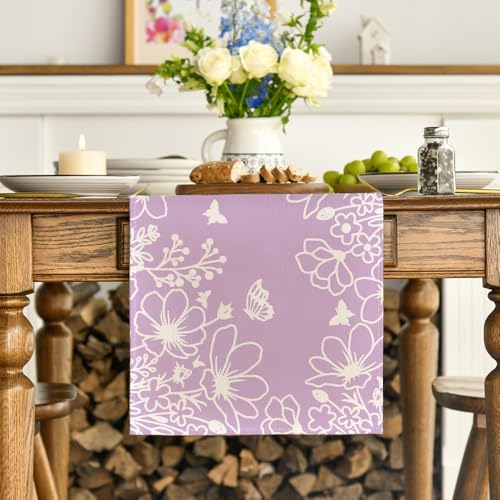 Artoid Mode Purple Bloom Flowers Butterfly Spring Table Runner,Seasonal Summer Kitchen Dining Table Decoration for Home Party Decor 13x72 Inch - color: Purple, size: 13" x 72", Table Runner
