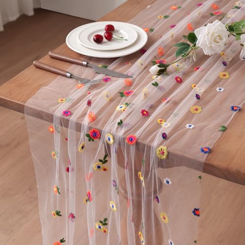 Pink Embroidery Daisy Table Runner 10ft 120 Inch Fall Florals Gauze Tulle Sheer Cheesecloth Holiday Kitchen Dining Table Decoration for Home Wedding Party Baby Shower Birthday Indoor Decorations - color: Pink, size: 10ft x 1Pack