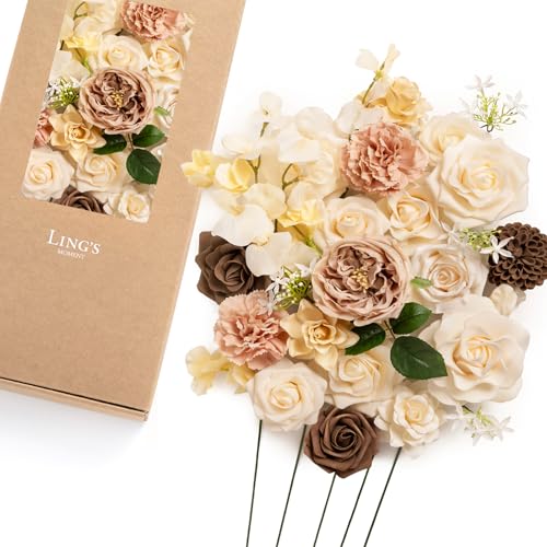 Ling's Moment Fake Flowers Box, Faux Peony Artificial Dahlia Foam Roses Silk Carnation for Centerpiece Bouquet Wedding Floral Arrangement Bridal Shower Party, Earth Brown & Butter Yellow, Deluxe Combo - color: Brn-earth Brown & Butter Yellow, size: Deluxe