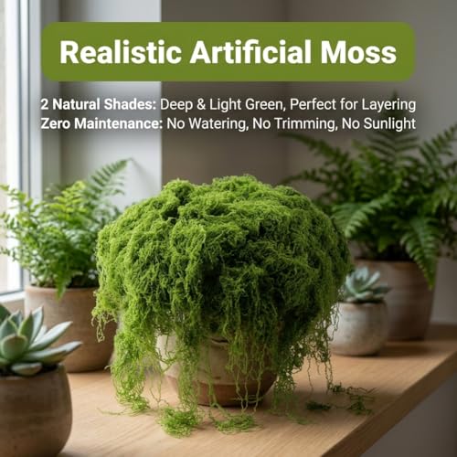 7 oz Fake Moss for Crafts, Realistic Pot Filler for Artificial & Potted Plants, Reusable Greenery Filler for Fairy Garden Decor, Includes Dark & Light Green