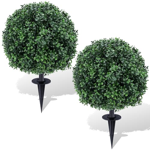 Artificial Boxwood Topiary Ball Trees with Ground Spikes UV Resistant Faux Greenery Shrubs Fake Shrubs for Outdoors, Realistic Faux Plants Bushes for Garden Porch Yard Patio Decor (Green Boxwood) - color: Green Boxwood