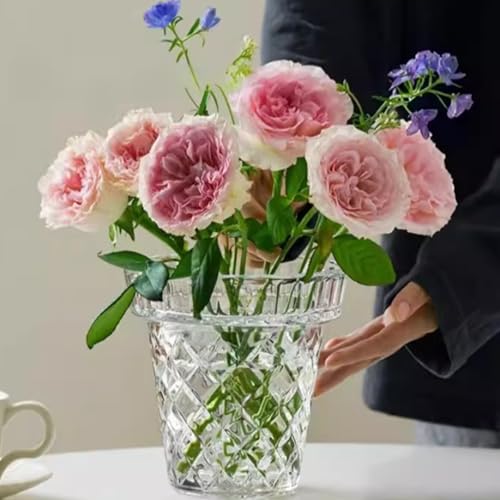 Thickened Glass Vase Embossed Big Base Large 6.1in Wide Mouth Rhombus Clear Vases Esmiome Bowl Bouquet Ribbed with a Hydroponic Baskets Vintage for Aquaponics Orchids Avocado Phalaenopsis Hyacinth