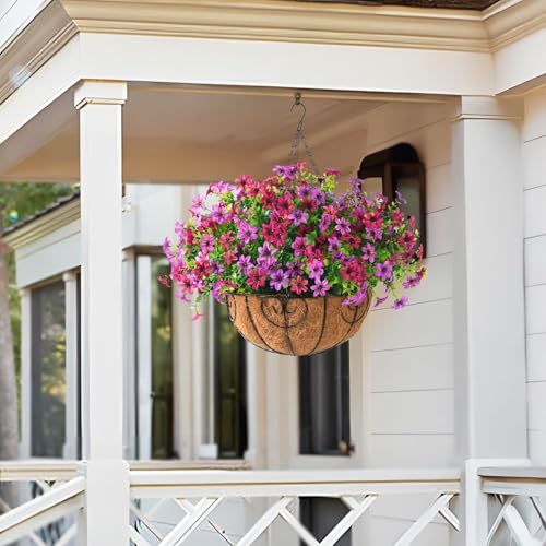 ZFProcess Artificial Flowers Hanging Baskets, 12 Bundles Faux Flowers Outdoor Hanging Basket Spring Summer Decoration, Fake Flower Plants for Porch Patio Balcony Home Yard Decor(Light Purple Red) - color: Light Purple Red