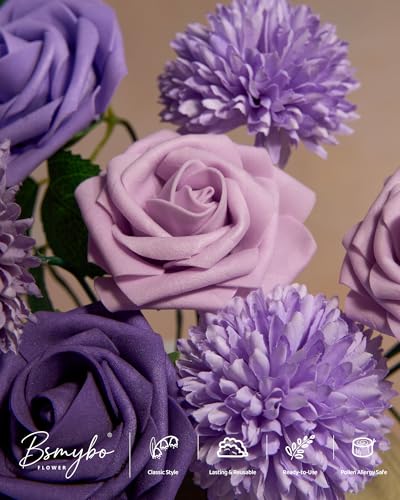 BSMYBO Purple Flower Artificial Roses Faux Flowers with Stems Mix Fake Roses Dahlia Chrysanthemum Ball for Wedding Bridal Bouquets, Table Centerpieces, Baby Shower, Party, Home Decorations - color: Dark Purple, size: PureBlooms