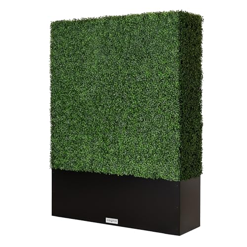 Artificial Boxwood Hedge Wall,Greenery Fake Faux Grass Backdrop Divider with Black Steel Planter Box,Outdoor Privacy Panels for Patio,Balcony,Restaurant,Garden,Party Décor 48" WX64 HX14 D - size: 48"WX64"HX14"D