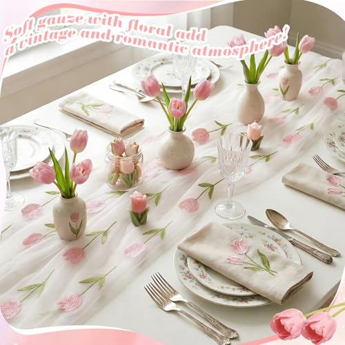Mindsoft 3 Pcs Pink Floral Tulip Table Runner 10ft Gauze Embroidery Tulip Sheer Floral Tulle Easter Lace Table Runner for Wedding Bridal Baby Shower Holiday Dining Decor DIY - style: Tulip