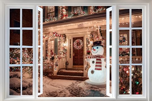 AMAZING WALL Christmas Eve House and Snowman Peel and Stick 3D Fake Window Stickers Removable and Self-Adhesive Sea Wall Decals for Bedroom/Nursery/School Decoration,24x36in/2PCS - color: Christmas Snowman, size: 24x36"/2pcs