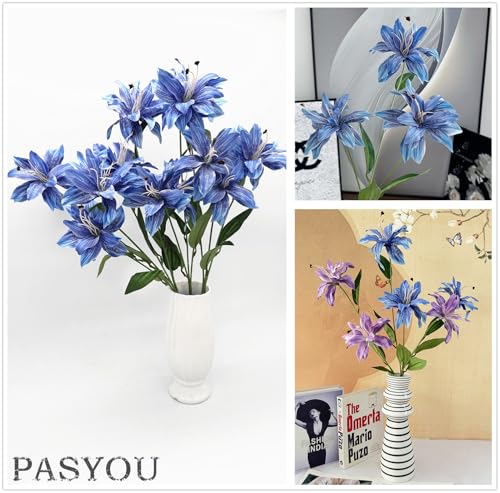 Artificial Lily Flowers Fake Vintage Lilies Silk Flower Realistic Tiger Lily Plastic Stems Faux Plants for Indoor Outdoor Decor Vase Floral Arrangement Wedding Party Bouquet DIY Decoration Blue 4 Pack - color: Silk Flowers / Blue / 4 Pack