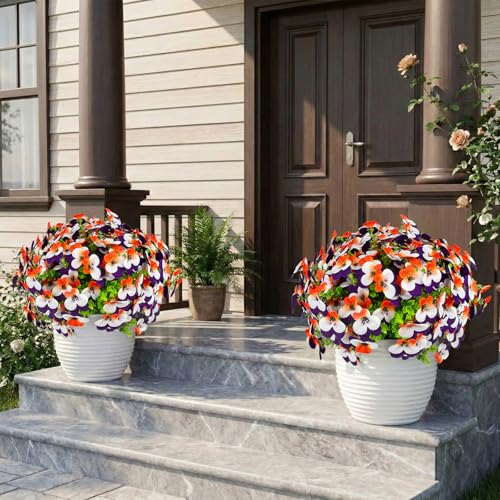 lovemoon 16 Pcs Artificial Pansy Flowers for Outdoor Faux Silk Spring Flowers for Outside, Realistic Pansies for Window Box, Planter, Front Door, Porch and Garden Home Decor (16, Orange,White,Purple) - color: Orange,white,purple