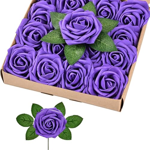 30pcs Real Looking Purple Foam Artificial Roses with Stems, Fake Rose Flowers for DIY Wedding Bouquets Bridal Shower Centerpieces Home Party Tables Valentine's Day Mother's Day Decor Gift - color: 30pcs Purple