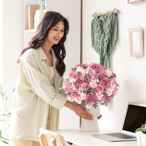 4 Packs Peonies Artificial Flowers Silk Pink Purple Artificial Peonies Bouquet Fake Flower Arrangements Mixed Roses Hydrangea with Stems for Centerpiece Table Wedding Bridal Bouquets Home Decor - color: Pink Purple