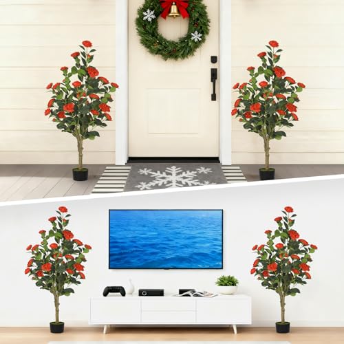 2-Pack 4FT Artificial Camellia Tree,Realistic Fake Potted Plants with Flowers&Planters,Indoor/Outdoor Faux Flowering Trees for Home,Office,Porch,Wedding,and Housewarming Gift Decor,Red - color: Red
