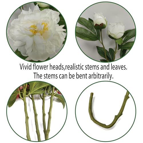 Peony Artificial Flowers,4 Pcs Fake Faux Peonies Flowers Look Real,Silk Peonies with Stems for Home Decor,White Peonies Artificial Flowers for Floral Arrangements(4, White) - color: White