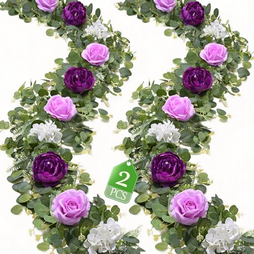 Livole 2Pcs 6 FT Artificial Flower Garland Fake Purple Rose Peony Floral Garland with Eucalyptus Flower Hanging Vine for Wedding Arch Table Centerpieces Backdrop Party Home Decorations - color: Purple, size: 2 Pcs