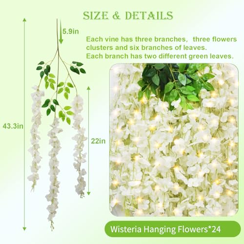 24 PCS Wisteria Hanging Flowers with Lights, 3.6ft Fake Vines Artificial Wisteria Garland Silk Flower String for Wedding Arch Garden Party Home Ceiling Wall Backdrop Tent Decoration (White) - color: White With Lights, size: 24 Pack
