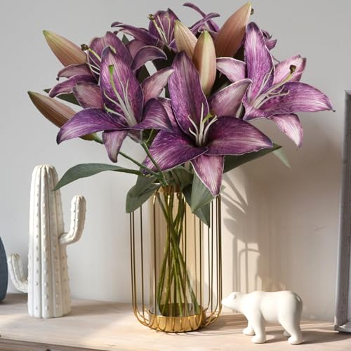 Purple Silk Lily Flowers 6PCS Vintage Faux Flowers for Vase Purple Fake Flowers Tiger Lily Artificial Flowers for Home Decor Indoor Wedding Party Flowers Arrangement - color: 6pcs-purple