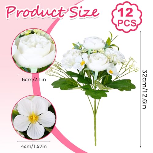 Olgaa 12 Bundles Peonies Artificial Flowers Fake Hydrangea Silk Peony Bouquet Bulk for Vase Floral Arrangements Wedding Arch Decor Centerpiece Table Decorations (White) - color: White