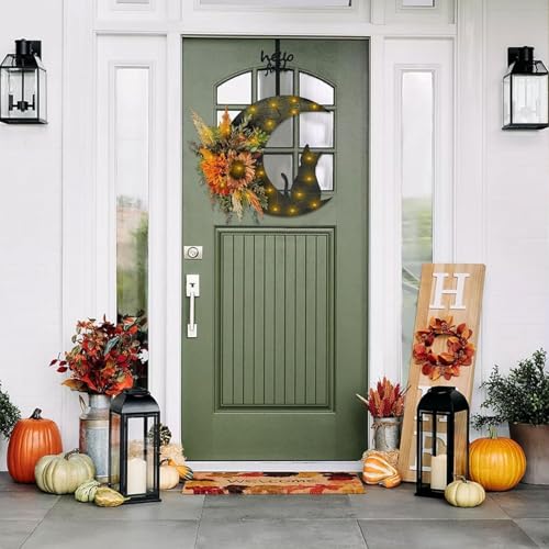 Halloween Wreaths for Front Door, Flower Moon Cat Halloween Home Decoration, Family Gathering Decoration Wreath，Outdoor, Wall, Closet, Fence, Wreath Christmas (Sunflower) - color: Sunflower
