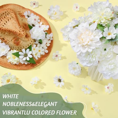 Janinka 100 Pcs White Assorted Fake Flower Heads with Long Stem Mini Artificial Flower Bulk Mix Silk Faux Daisy for Crafts Fake Peony Rose for DIY Wedding Party Wreath Home Decoration - color: White