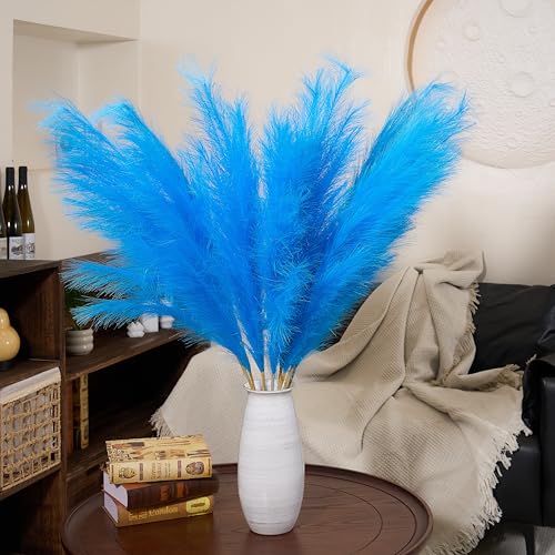 Premium Faux Navy Blue & Sky Blue Pampas Grass Decor – 43.3″8pcs Tall Fluffy Dual-Tone Feather Flowers, No Assembly 18-Branch One-Piece Stems for Coastal Boho Wedding & Modern Home Decor (8pcs 110cm) - color: Faux Navy Blue, size: 8pcs 43.3"(110cm)
