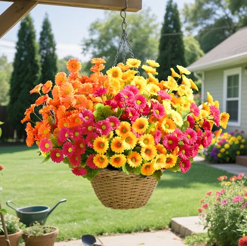 Waipfaru Artificial Flowers for Outdoors Faux Plants, UV Resistant Artificial Outdoor Flowers, Silk Daisy Realistic Fake Mums Flower for Front Porch Spring Home Planter Patio Decor, 12 Bundles, Mix - color: Yellow, Orange, Rose Red, size: 12 PCS