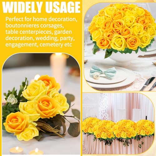 36 Pcs Velvet Texture Yellow, Lemon Yellow Artificial Flowers Bridal Bouquet, Fake Rose Long Stem Realistic Flowers Bulk for Valentine's Day Wedding Bouquet Ball Arrangement Centerpiece Party - color: Yellow, Lemon Yellow