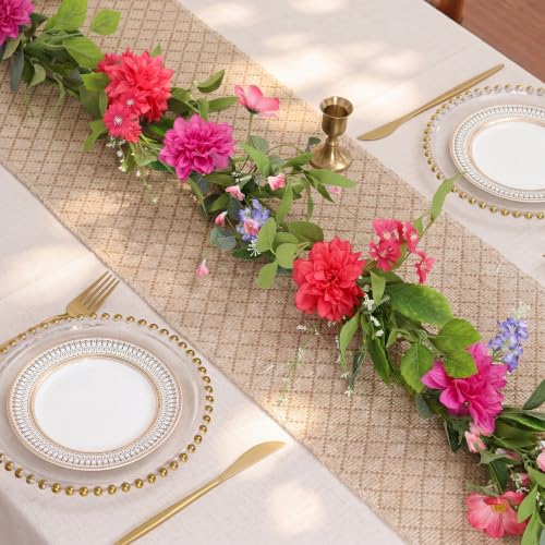 Giegxin 1 Pack 6 ft Artificial Flower Garland Flower with Dahlia and Wildflower Pink Purple Fake Wisteria Vines Summer Greenery Eucalyptus Garland for Wedding Mantle Porch Stair Table Indoor Decor - style: Dahlia,Wildflower