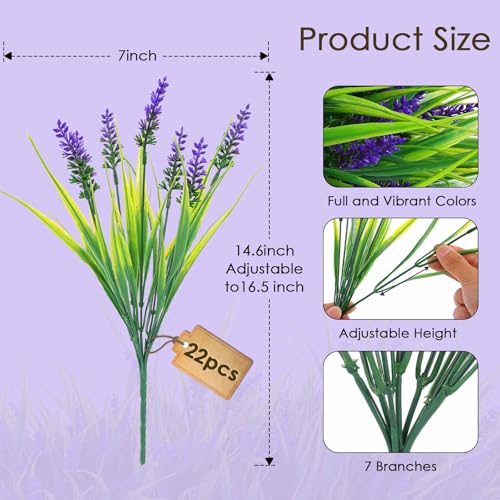 Rowfad 22 Pcs Artificial Outdoor Flowers UV Resistant Lavender Fake Greenery Plants Grass with Purple Flowers for Pot Decor for Window Garden Patio Hanging Planter Pathway Front Porch (22, Purple) - color: Purple