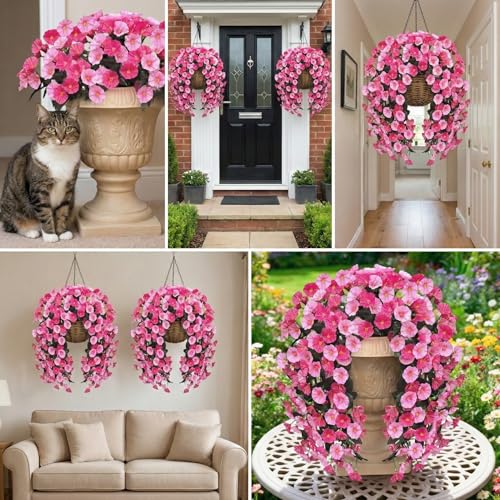 Artificial Flowers for Outdoors Fake Pink Morning Glory Hanging Flower Decoration, 2Pcs Realistic Faux Plants Petunias Long Trailing Vines,Spring Decor for Porch Patio Balcony Planter Yard - color: Morning Glory - Dobule Pink