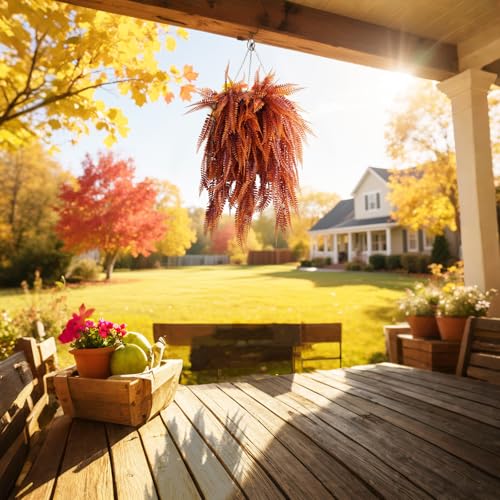 RECUTMS Fake Hanging Plants 4 Pcs Artificial Boston Ferns for Outdoors UV Resistant Draping Faux Greenery Plastic Decorative Vines for Bedroom Wall Garden Wedding Indoor(Brown) - color: Brown