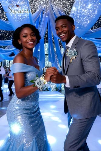 Serwalin Corsage and Boutonniere Set, Boutonniere and Wrist Corsage Wristlet Prom Homecoming Wedding Flowers Accessories Prom Suit Decorations (Blue & Dusty Blue) - color: Dusty Blue, size: 1 Boutonniere & 1 Wrist Corsage - 2pcs