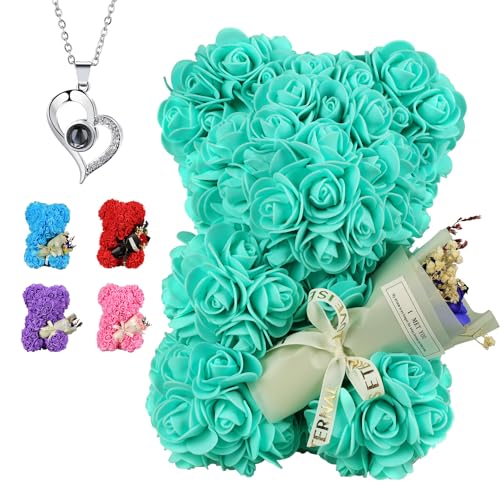Rose Bear Valentines Day Gifts for Her, Rose Teddy Bear Romantic Gifts for Girlfriend Wife Mom,Flower Bear with Rose Bouquet and 100 Languages I Love You Necklace - color: Greenish Blue