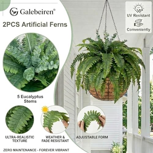 Artificial Ferns for Outdoors, 2 Pack 38IN Fake Ferns for Artificial Plants Large with 55 Fronds and 5 Long Eucalyptus Stems, Faux Ferns for Hanging Basket Porch Garden Home Decor