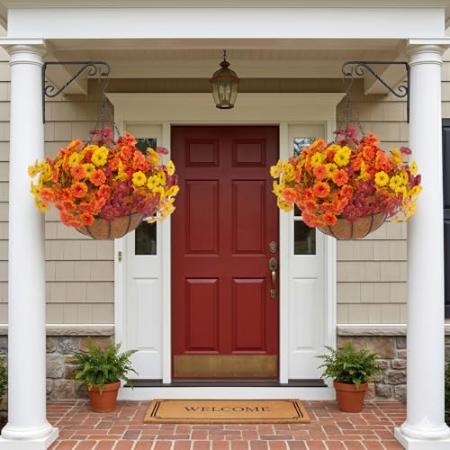 Hananona 2 Set Artificial Outdoor Fall Flowers with Hanging Basket, 2 Hanging Planters with 24 Pcs Flowers for Autumn Front Porch Garden Patio Home Decor (2, Orange,Yellow,Burgundy) - color: Orange,yellow,burgundy