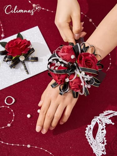 Prom Corsage and Boutonniere Set Red Black,Artificial Silk Rose Wrist Corsage for Homecoming, Formal Dance Party, Wedding,Graduation,Anniversary - color: C-red&black