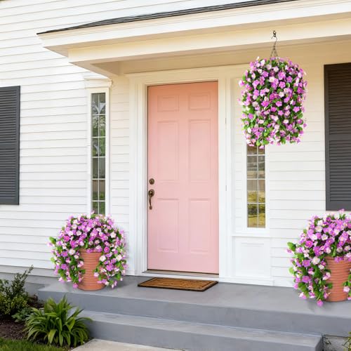 ZFProcess Artificial Fake Hanging Flowers for Outdoors, 2 Pcs Artificial Hanging Plants Outdoors Spring Summer Decor, UV Resistant Faux Violet Silk Flowers for Planters Front Door Yard Garden(Purple) - color: Purple