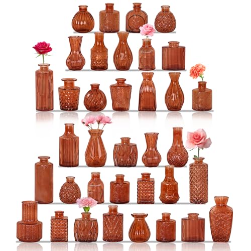 36Pcs Bud Vases Set Small Vintage Glass Bottles Bud Vases in Bulk Multiple Shape Cute Glass Vases for Rustic Wedding Centerpieces Table Decorations and Home Decor (Dark Amber) - color: Dark Amber