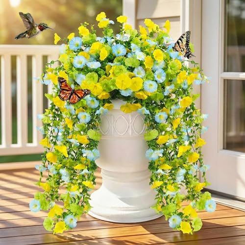 Artificial Hanging Flowers for Outdoors Spring Summer Decor, 4 Bundles UV Resistant Colorful Silk Faux Morning Glory for Outdoor Planters, Garden, Front Porch, Patio, Yard Decor(Yellow Blue Green) - color: Yellow Blue Green
