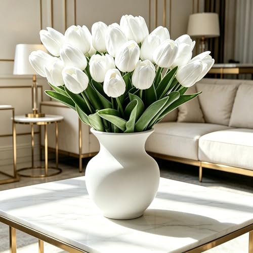 25Pcs Tulips Artificial Flowers, Faux Tulips Artificial Tulips Real Touch Tulip Fake Flowers Bouquets for Spring Wedding Home Kitchen Office Party Decor (White) - color: White