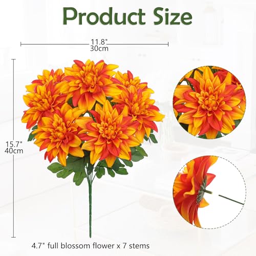 Hollyone Orange Artificial Dahlia Flowers Bush Fake Fall Flowers Artificial for Decoration Outdoor Indoor 7 Heads Silk Faux Dahlias Flower Bouquets Arrangements Centerpieces Fall Decorations for Home - color: Orange