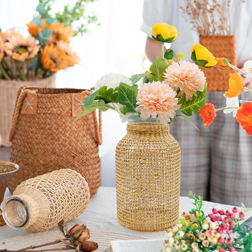 MDEOOSKY Straw Woven Glass Vase 10.23''X3.93''X5.51''Boho Glass Flower Vase Country Rustic Style Vase Glass Vase for Floral Arrangements Bottle Height (B Style 10.23IN) - size: 10.25IN